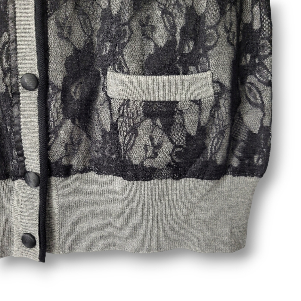 Sharagano Grey Black Lace Button Up, Long Sleeve Cardigan Sweater, M - Picture 4 of 6